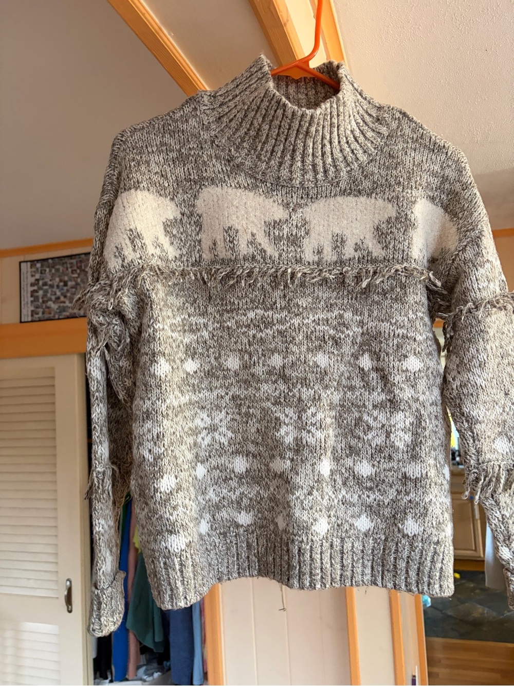 Grey and White Polar Bear Knit Sweater With Fringe - Women's